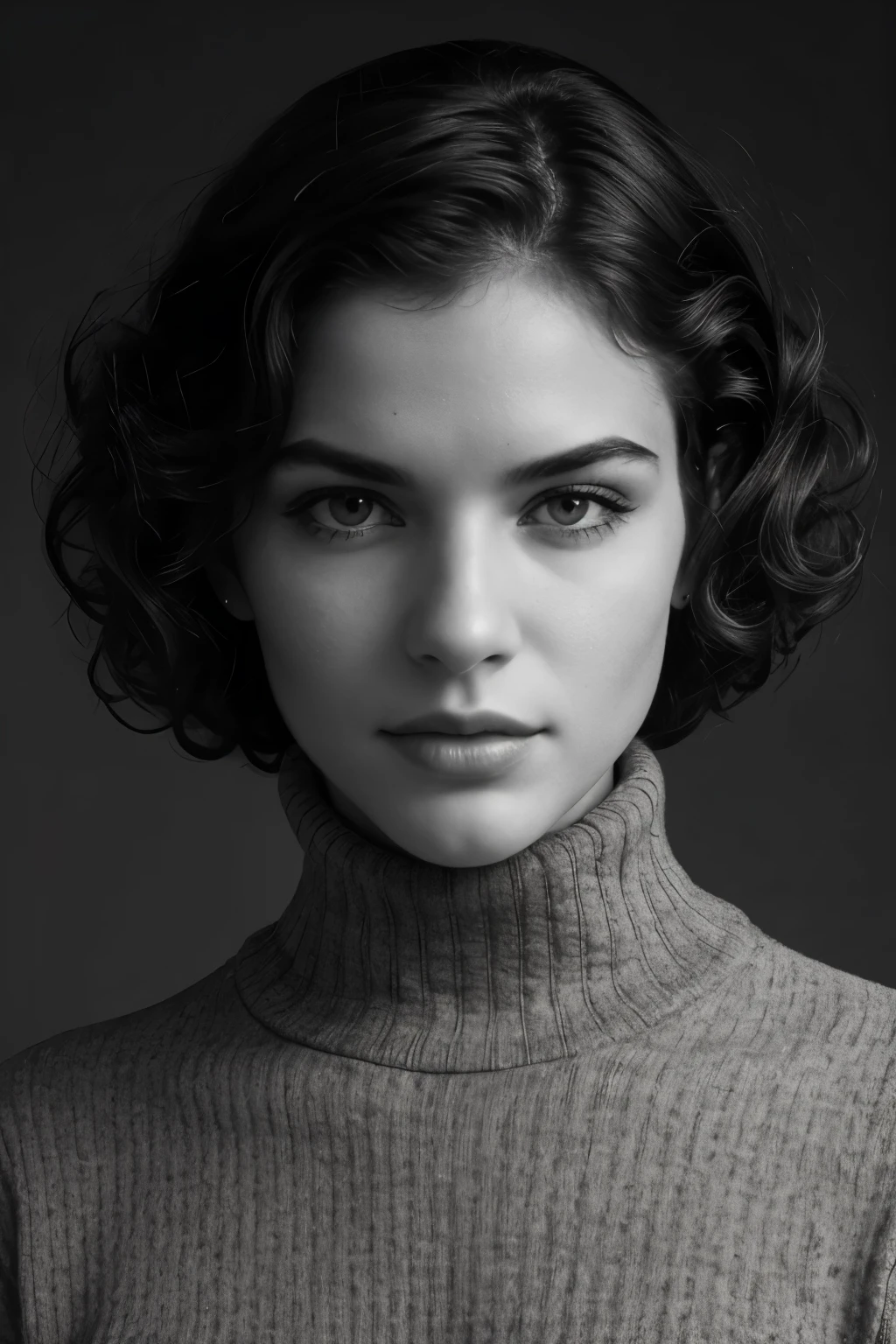 Photo-BW, Human-Likeness, photomodel, bob hair, curly hair, black turtleneck sweater, grey  background
Portrait-Medium Shot