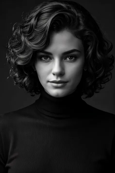 photo-bw, human-likeness, photomodel, bob hair, curly hair, black turtleneck sweater, grey  background
portrait-medium shot