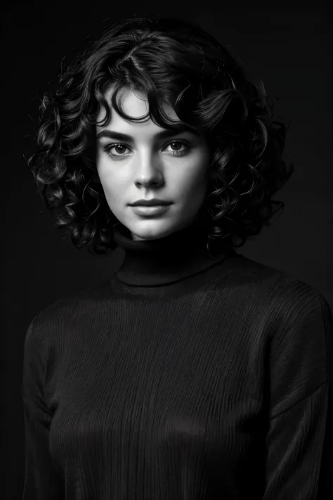 Photo-BW, Human-Likeness, photomodel, bob hair, curly hair, black turtleneck sweater, grey  background
Portrait-Medium Shot