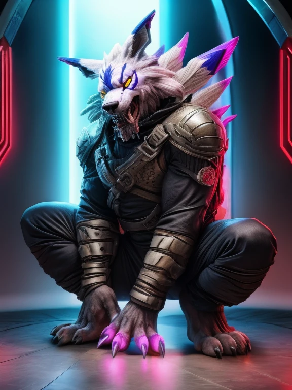 Barefoot hypnotised WereGarurumon wears black ninja suit, tebowing, detailed paws with claws, blue fur, in a trance, a look of weak resistance to hypnosis on his face, drooling, red glow in his eyes