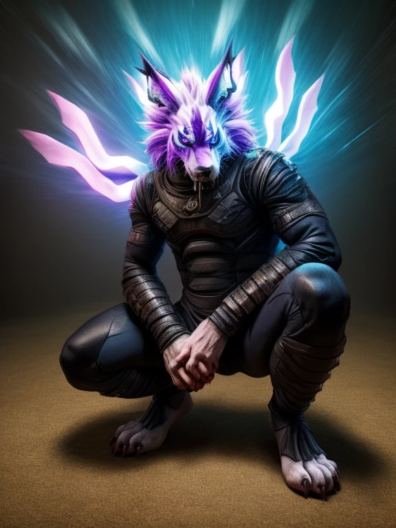 WereGarurumon, hypnotisé, pieds nus, porte un costume de ninja noir, tebowing, pattes détaillées avec des griffes, fourrure bleue, en transe, un air de faible résistance à l&#39;hypnose sur son visage, baver, une lueur rouge dans ses yeux