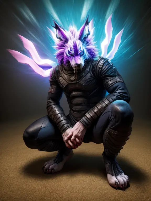 Barefoot hypnotised WereGarurumon wears black ninja suit, tebowing, detailed paws with claws, blue fur, in a trance, a look of w...