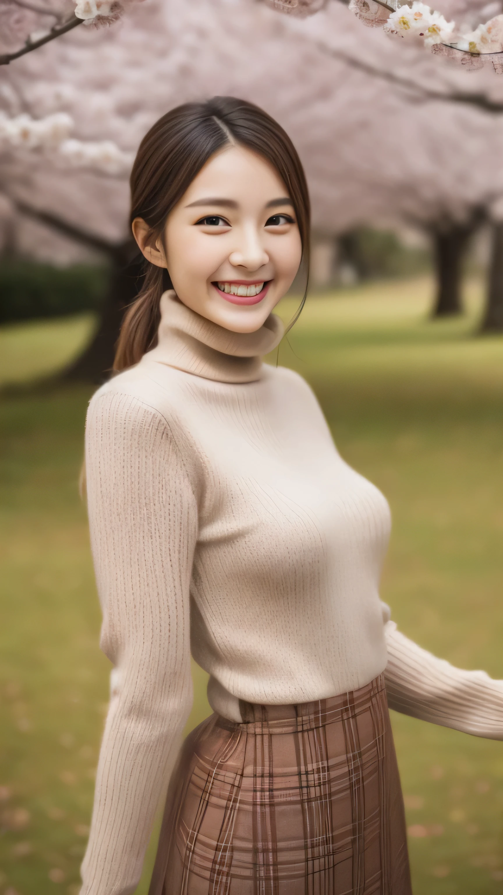 hostess face、sexy face、turtleneck wool sweater、skirt、High quality、Super realistic、healthy、smiling expression、perfect slender figure、Japanese beauty、 perfect eyes、Shining beautiful skin、upper part of the body、Cherry tree in the background