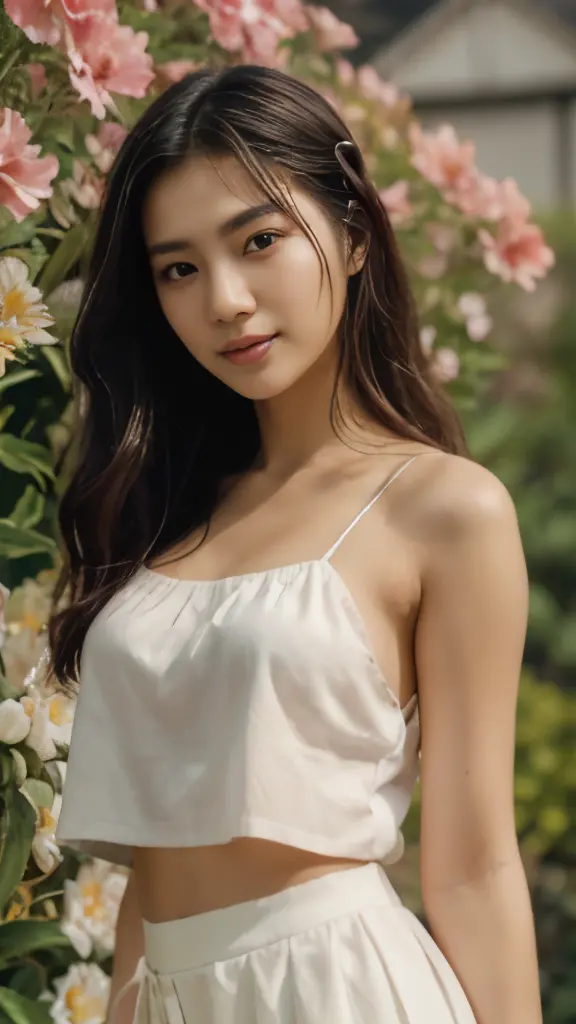 (haft body, portrait: 1.4), ((Best Quality, 8K, unreal engine, Masterpiece:1.3)), hyperrealistics style, (Image, Photograph), (Imada Mio:1.0), (Jisoo:0.5), Photos of young Japanese women named Haruka, 27 years old, beautiful face, very small chest, long bl...