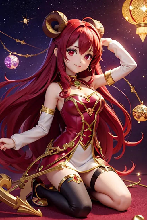 anime style; 3d; glitter; horoscope sign aries goddess; color red; ram details; ♈ symbol; rpg; mystical; garnet stone;