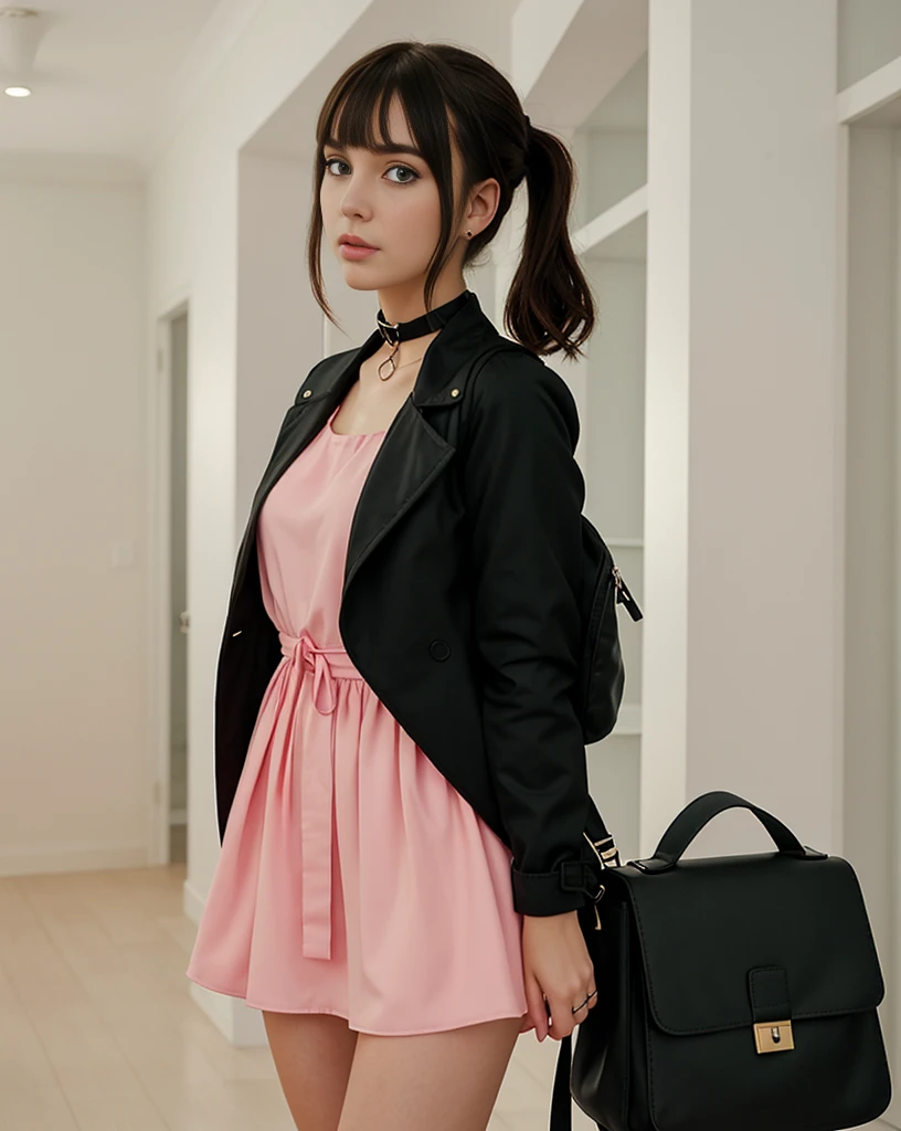 beautiful, masterpiece, best quality, extremely detailed face,  perfect lighting, 1girl, solo, sketch, marnie (pokemon), green eyes, asymmetrical bangs, backpack, bag, black choker, black jacket, blurry, blurry background, choker, closed mouth, dress, from behind, indoors, jacket, long sleeves, looking at viewer, looking back, off shoulder, pink dress, red bag, solo