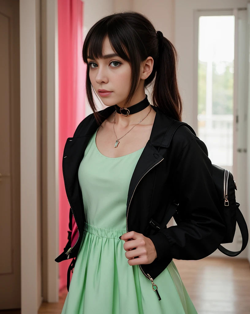 beautiful, masterpiece, best quality, extremely detailed face,  perfect lighting, 1girl, solo, sketch, marnie (pokemon), green eyes, asymmetrical bangs, backpack, bag, black choker, black jacket, blurry, blurry background, choker, closed mouth, dress, from behind, indoors, jacket, long sleeves, looking at viewer, looking back, off shoulder, pink dress, red bag, solo