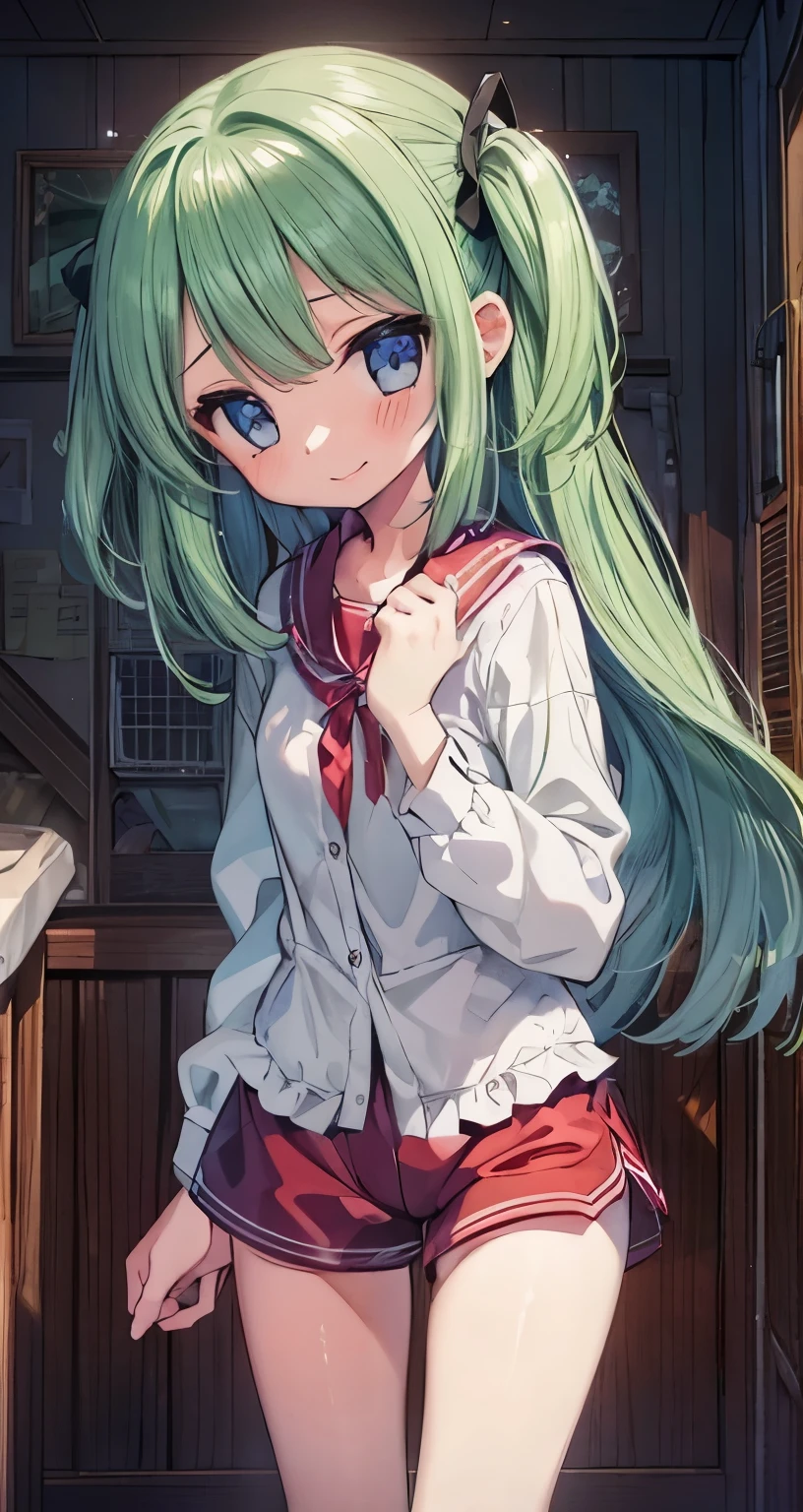 Anime girl with green hair and blue eyes in a kitchen - SeaArt AI