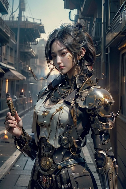 xtremely detailed CG unity 32K wallpaper, top quality, masterpiece, raw photo, photorealistic, highest resolution, professional photo, dynamic, cinematic lighting, (steampunk:1.4), 19th century in Japan, Edo Era, sharp focus, depth of field, (perfect body, correct anatomy:1.5), intricately detailed face, expressive face, POV, (from front:1.3), 1 girl, Japanese woman, ((female warrior:1.1)), solo, cowboy shot, black hair, short hair, ultra-realistic skin, detailed skin, tan, (bright eyes:1.4), highly detailed nose and lips, (tall nose:1.5), slim outline of the face, expressionless, ((samurai armor:1.2)), ((powered suit of steampunk:1.4)), skinny, beautiful breast, (perfect body proportion:1.3), ((firing a mini gun:1.5)), during a battle, ((muzzles of mini gun is emitting fires and smoke:1.1)), outdoor, vandalized buildings, burning village, noon, battlefield