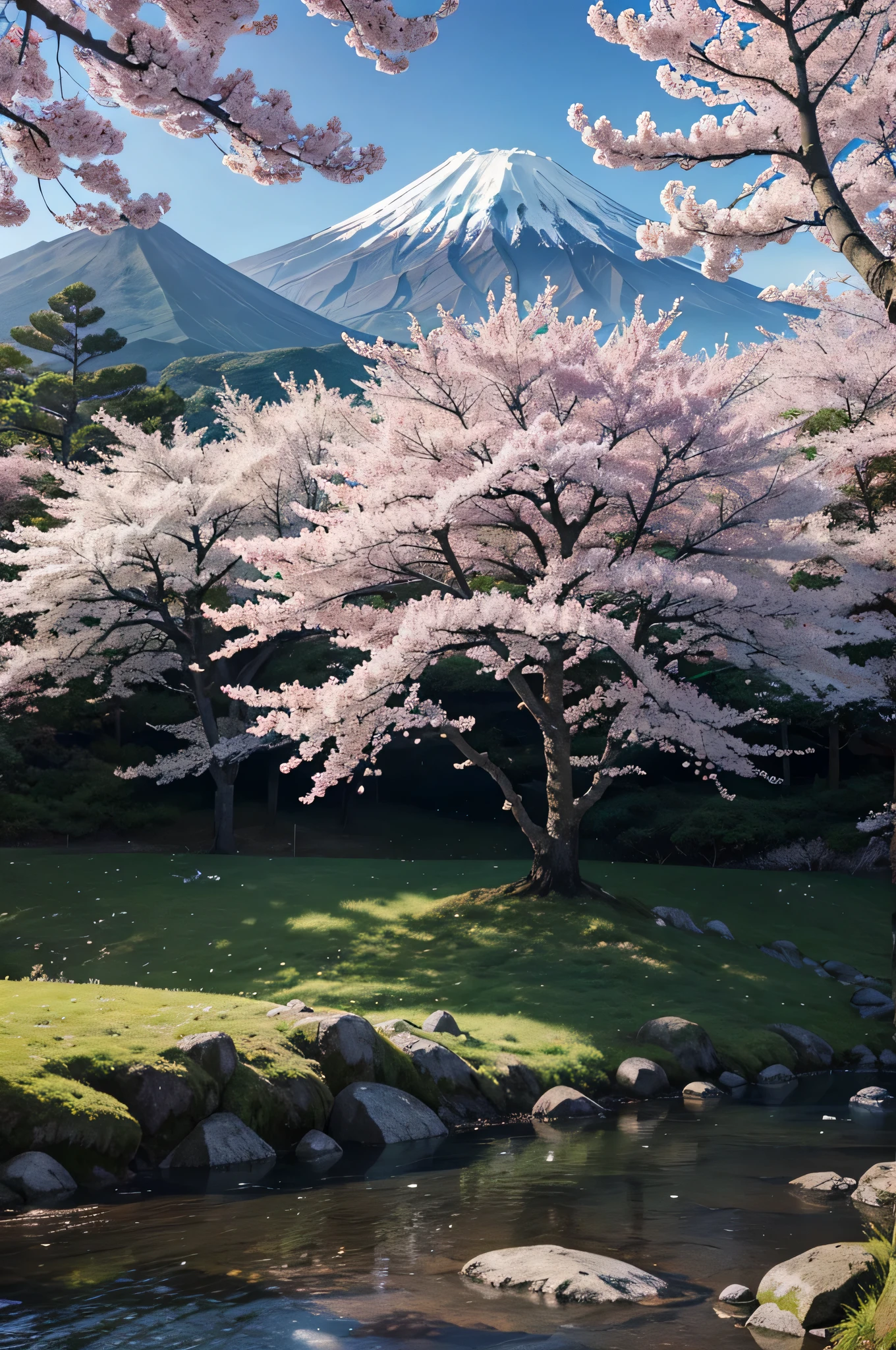 櫻花樹、富士山、日本、櫻花、藍天、傑作、頂級品質、超高解析度、8K、實際的、高度細緻的CG、超詳細、精緻的細節、