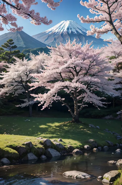 Cherry tree、Fuji Mountain、Japan、Cherry blossoms、blue sky、​Masterpiece、top quality、ultra high resolution、8k、actual、Highly detailed CG、super detailed、Exquisite details、