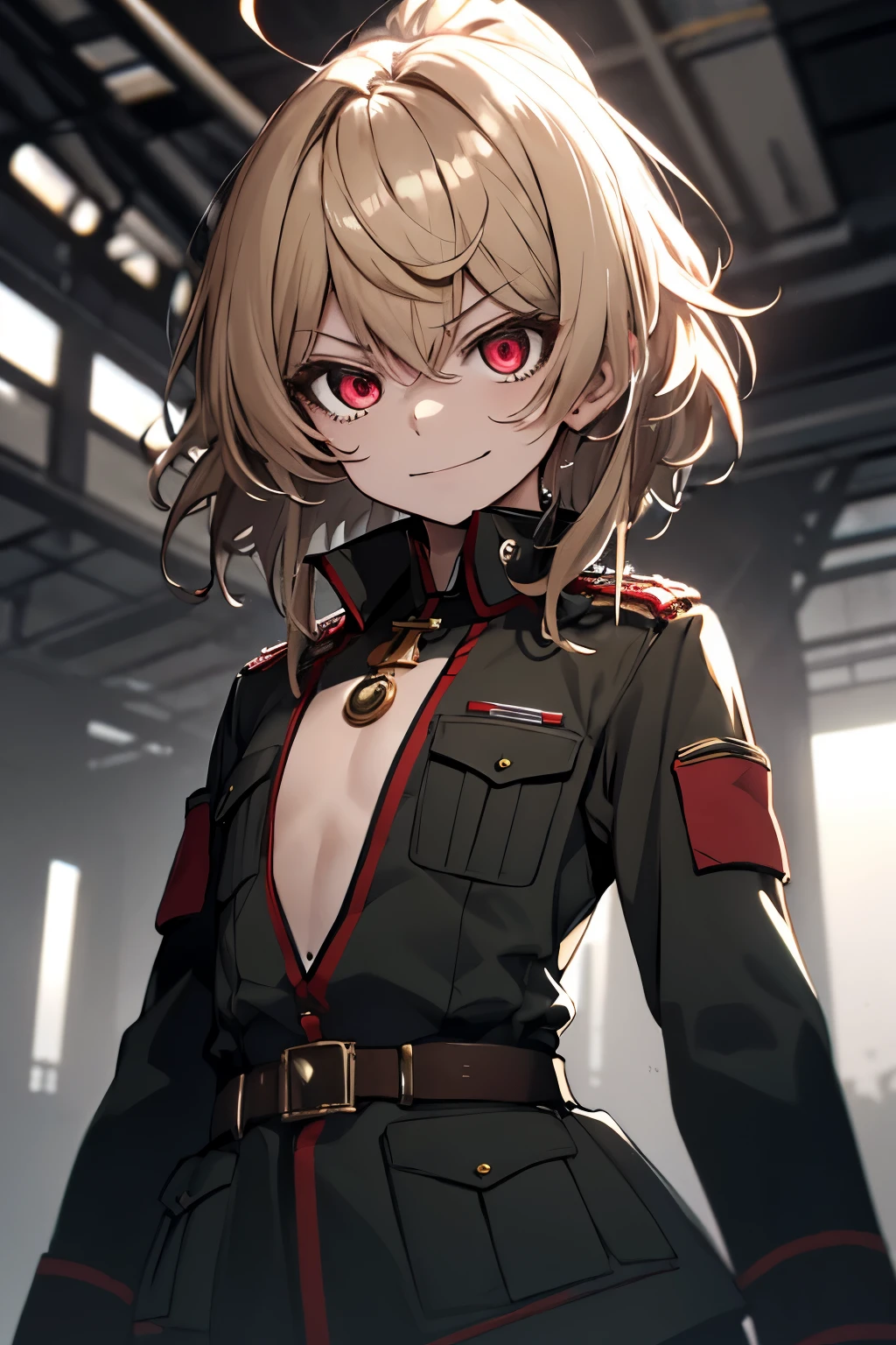 (masterpiece, best quality: 1.1), 1girl solo, tanya, 1girl, solo, petite, flat chest, small breasts, curvy, military, military uniform, ,, evil smile, wicked expression, anger, red eyes, neutral lighting