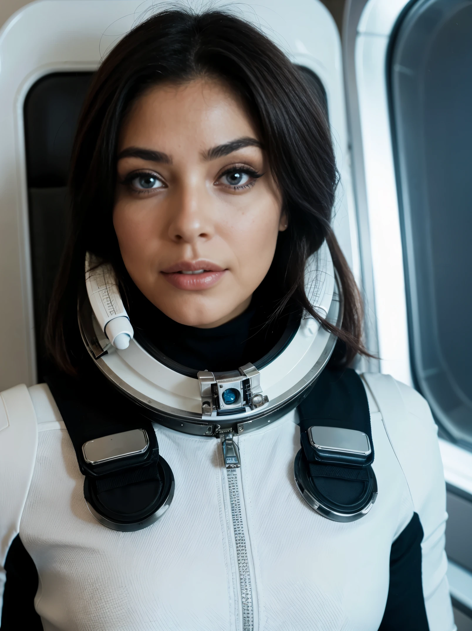 foto de una mujer latina, en el espacio, traje espacial futurista, (pecas:0.8) Cara linda, Ciencia ficción, distópico, ojos detallados, blue eyes