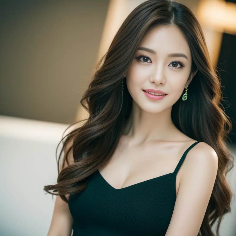 ((Angelina Sole)),((highest quality, 8K, masterpiece : 1.3)), sharp focus : 1.2, beautiful woman with perfect figure : 1.4, slim abs : 1.2, ((dark brown hair)), (Natural light, green : 1.1), Highly detailed face and skin texture, fine eyes, double eyelid、((professional makeup:1.3))、((sexy milf:1.3))、thick lips、lip gloss、eye make up、smile、((long hair)),black slim dress、Inside the museum、