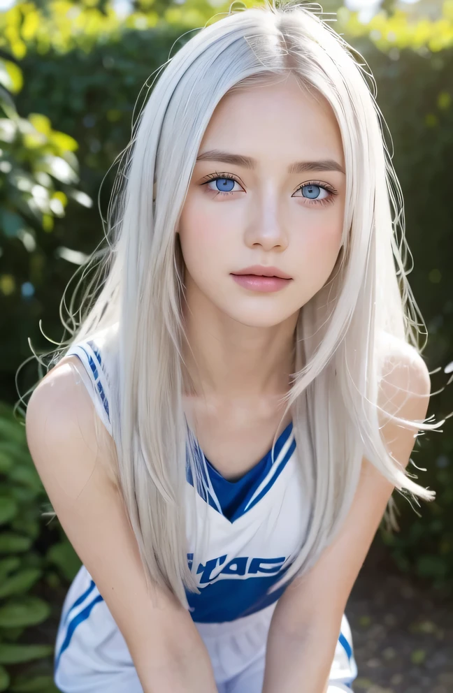 １４歳のwhite人モデル, 立っているPhoto above the knee,（(Clean clothes)), white clothes, Natural light, きれいなwhite人女性, white hair, lazy smile, (8K, Live shooting, highest quality, masterpiece: 1.2), masterpiece, Super detailed, , High-definition RAW color photo, , , , , , highly detailed eyes, realistic skin texture, highly detailed fingers, very small nose, highly detailed mouth, , Photo above the knee, , See-through feeling、transparent processing、Wearing sports uniforms、, white髪, blue eyes, masterpiece, realistic skin texture, , shiny hair and white skin, 、 natural skin texture,  young woman like a girl,  Photo above the knee、blue eyes,  、lowered eyebrows,  innocent face,  Eyes that look kind,  natural skin texture, round face,  kind eyes, long and pure white beautiful hair、, small face,  No decorations included,  white, droopy eyebrows,  Mont Blanc, white, droopy eyebrows