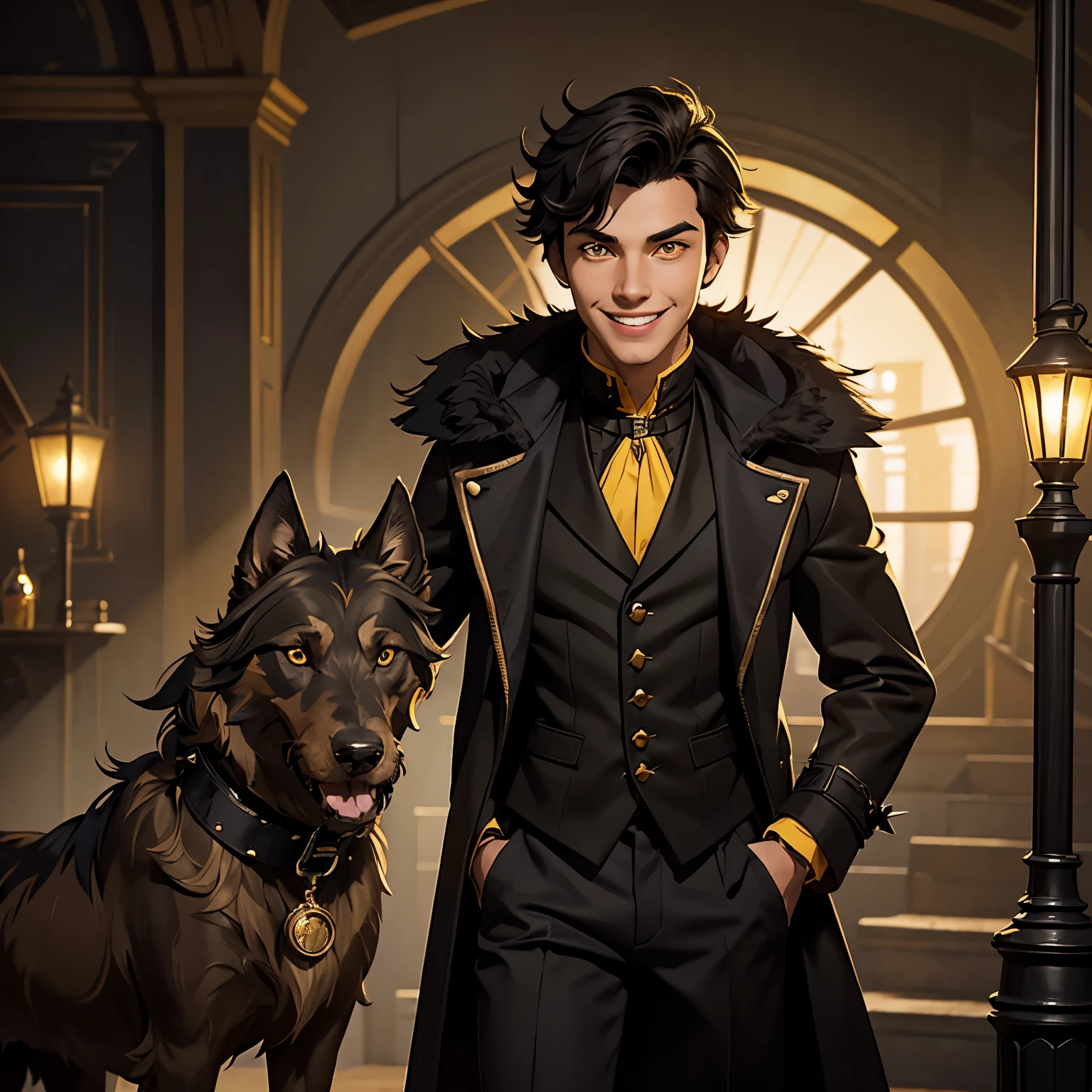 1 yong smile, teenager, boy, young, aristocrat, black short hair with spikes, dark yellow vest, brown/black dusty disheveled coat, yellow eyes, collar around the neck, cane with mace tip, a huge Irish wolfhound nearby, Black Style, easy going, Grinning, smile, torn coat