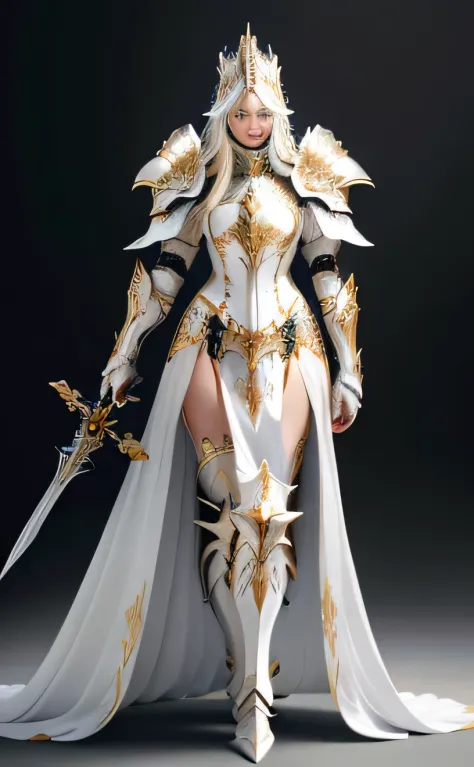 ((high definition realistic)), ((masterpiece)) a close up of a person in a costume with a sword, detailed face, white and red ar...