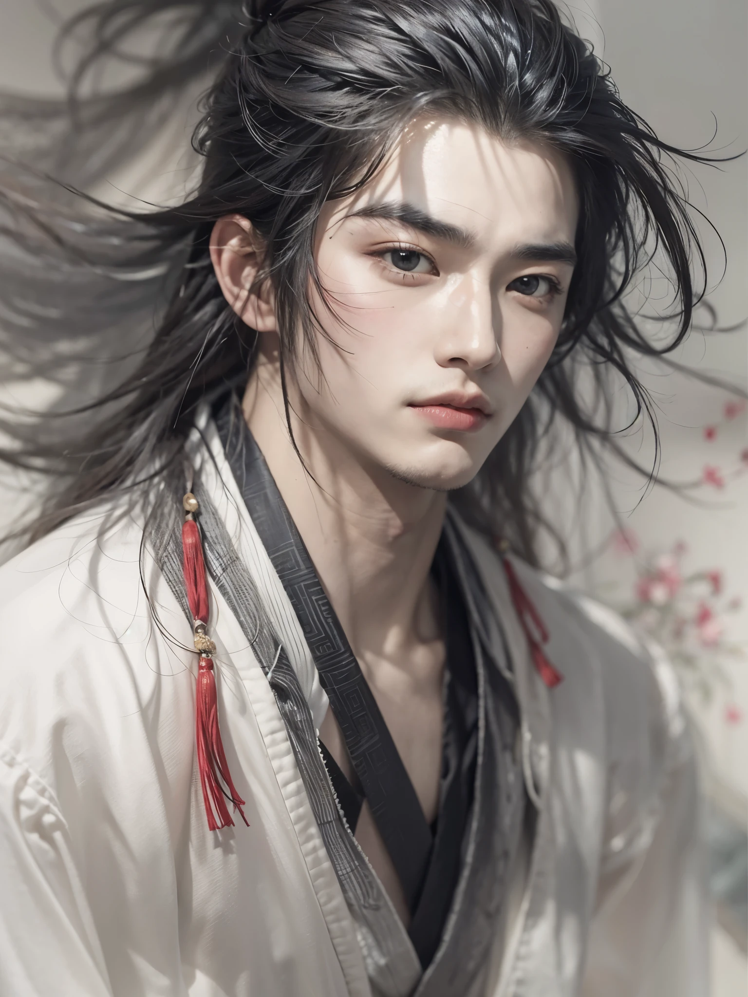 （male character design），（Close-up portrait of a cold and aloof Chinese handsome man Pan An），Pan An as a representative figure of Chinese male beauty，Messy long hair，Delicate with red lips and white teeth、Preferring to be soft and melancholy，Hairstyles in the Western Jin Dynasty of China，Literary and romantic，&quot;Looking like Pan An&quot; is used to describe a person who is elegant and has outstanding appearance.，Refers specifically to men，Inspired by the young Alain Delon，black and white，Chinese ink painting，black and white illustrations，