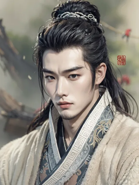 （male character design），（Close-up portrait of a cold and aloof Chinese handsome man Pan An），Pan An as a representative figure of Chinese male beauty，Messy long hair，Delicate with red lips and white teeth、Preferring to be soft and melancholy，Hairstyles in t...