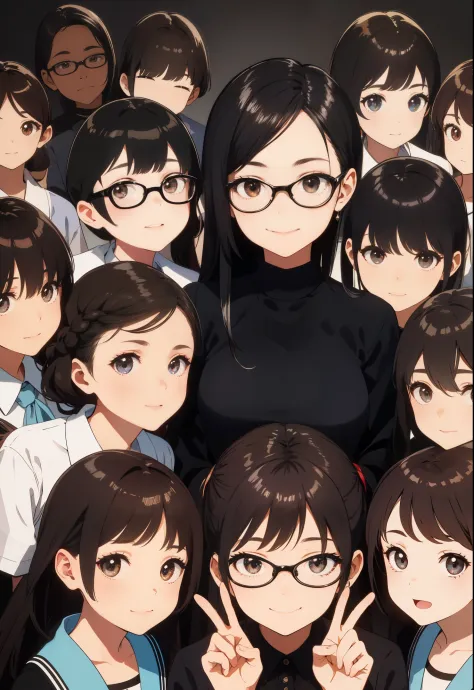 A 40 year old teacher, wearing glasses, （surrounded by a dozen or so children：1.4）, upper body lens，happy