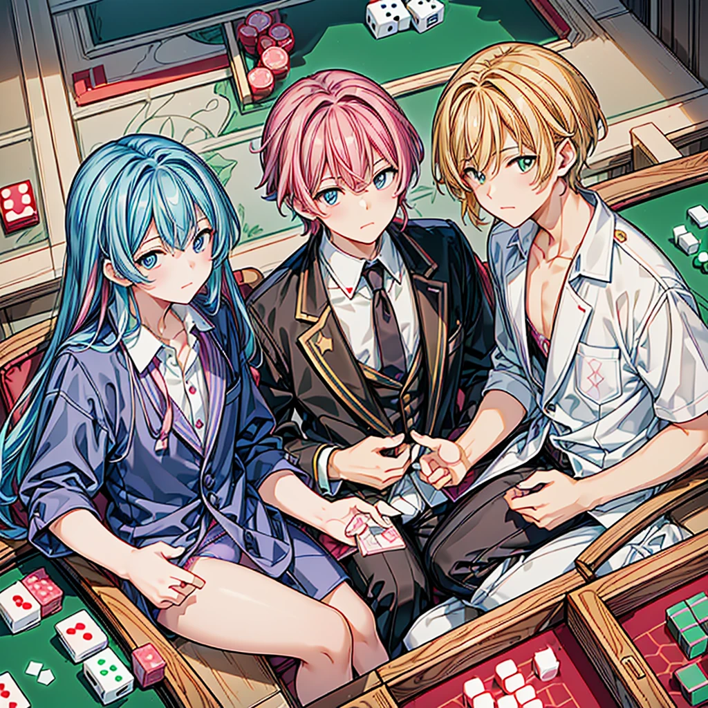 🀄, (mahjong table game), masterpiece, high-quality, high-contrast, high-definition, high-resolution, Realistic anime style, ((beautiful 4 men are playing 4-men mahjong), (they are mahjong players in each chair with Sitting on all sides of a mahjong's square table:1.3), they have different figures, Shiny hair and skin, embarrassed and flushed cheeks, Preoccupied expression), (They are all in their neet colorful underwear like suit:1.5), (well-rounded mahjong tiles:1.4), Angle looking down on the center from diagonally above, Location is high classy room of Secret VIP room in a gambling parlor in background, richly drawn and delicate,