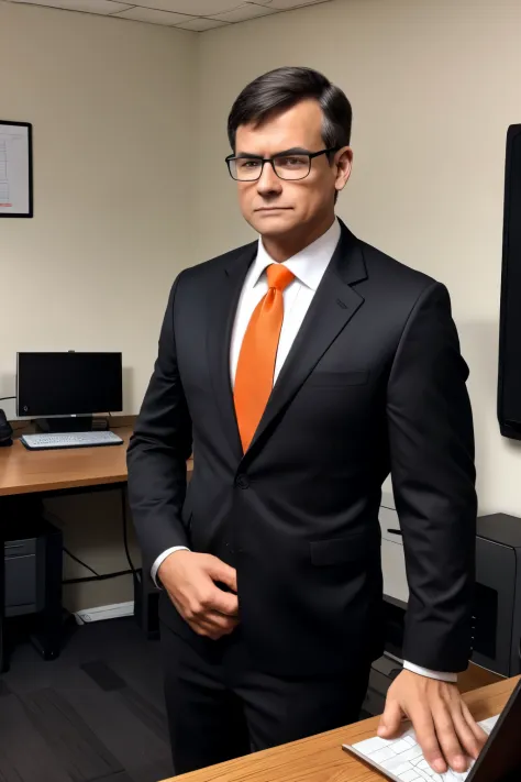 computer teacher,Adult age 40 years,Wear a black suit with a black undershirt.,Wear an orange tie,Wear glasses,Have muscles,In the computer room,Dress neatly.