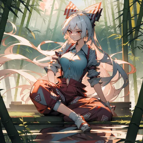 fujiwara no mokou(from touhou) in bamboo forest. she has big tits. she has white hair, red eyes. she's wearing a white shirt, si...