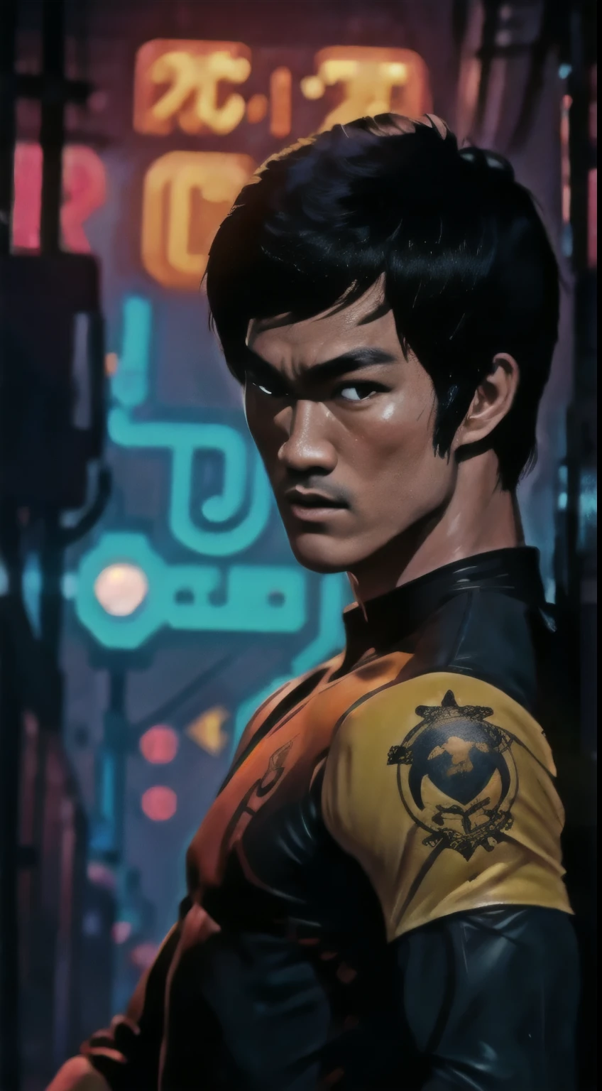 Bruce Lee wear yellow cyberpunk attire style，portraitures，head，expression of anger，face，frontage，background neon cyberpunk city, retro poster, retro poster design