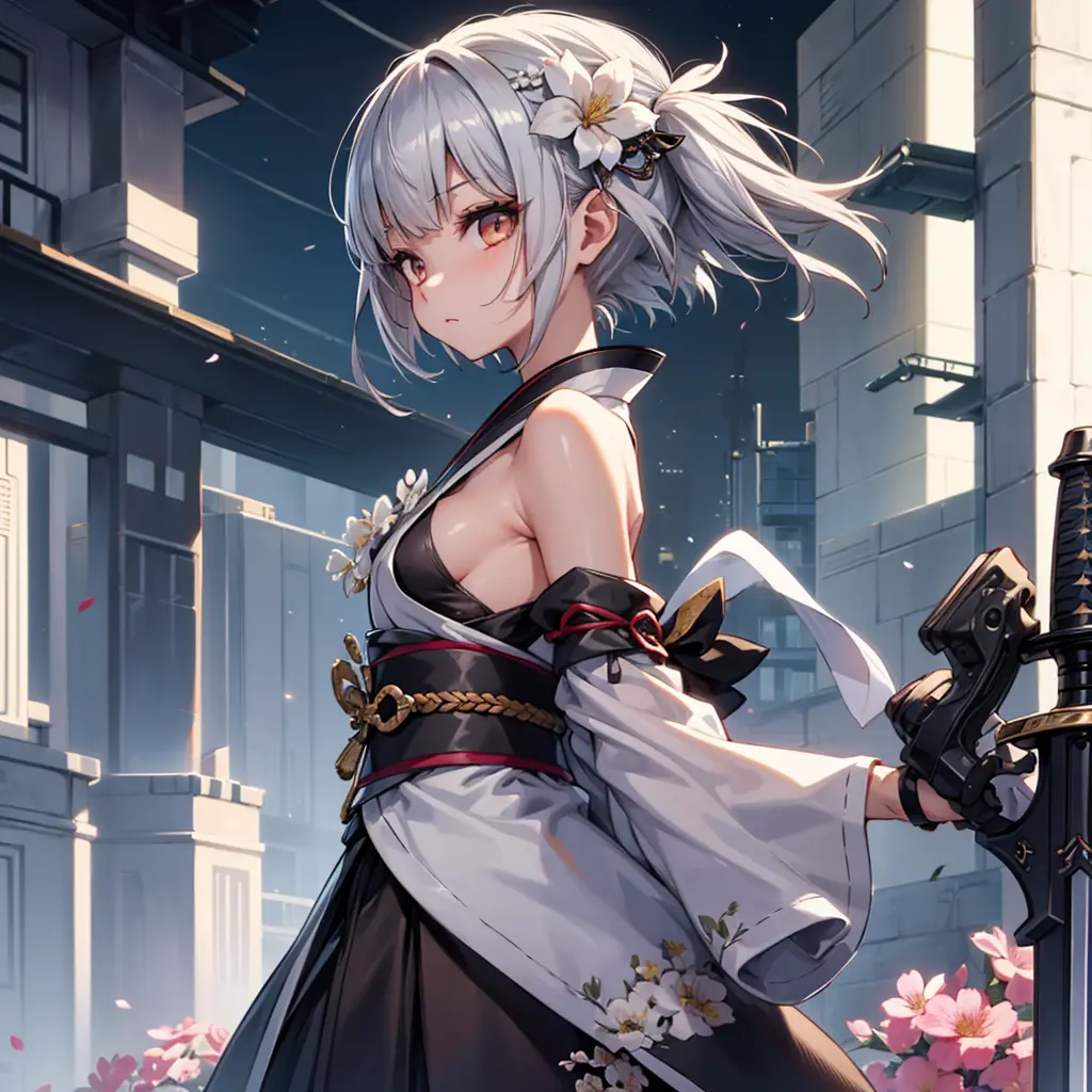 1 girl、solo、bust、Gaze averting、bushido、gray hair、hair ornaments、kimono、background of a futuristic city、Hold in hand、short hair、B...