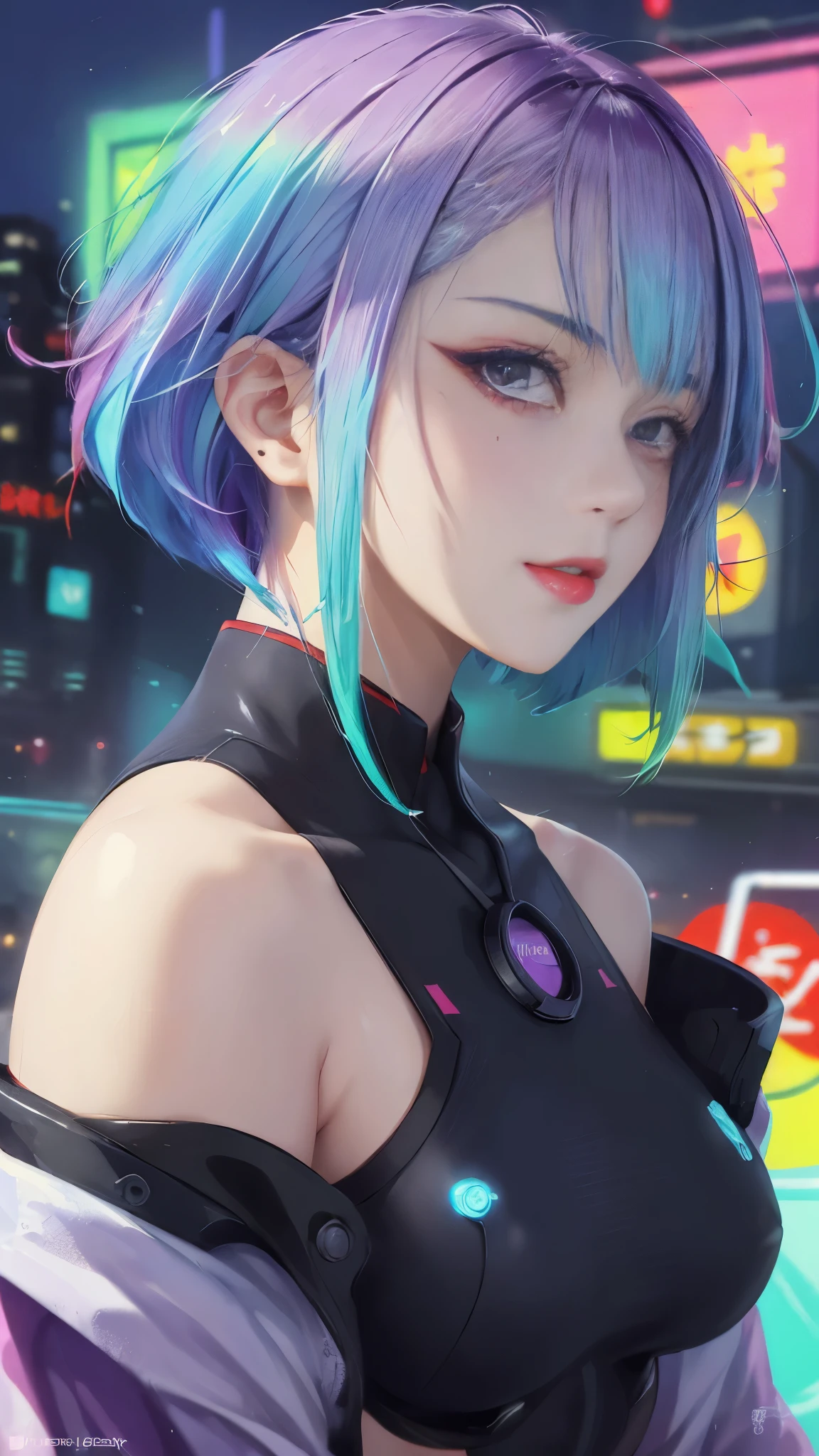 (masterpiece, best quality:1.3), Lucy, 1 girl, (colorful hair:1.4), Lucy (cyberpunk), cyberpunk,( bare shoulders:0.8), (Smile:0.6), looking at the audience, focus only, Bangs, red lips, , red eyeliner, elder sister, Colorful head profile:0.6),Big 