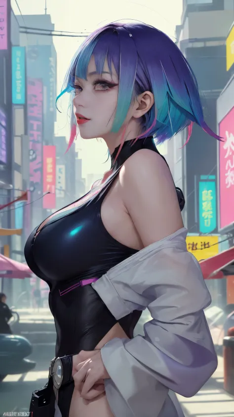 (masterpiece, best quality:1.3), Lucy, 1 girl, (colorful hair:1.4), Lucy (cyberpunk), cyberpunk,( bare shoulders:0.8), (Smile:0....