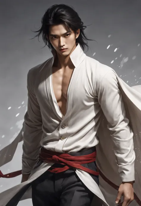 （male character design），（Half-length close-up）（Close-up of Chinese aloof and handsome guy Pan An），（Pan An wears modern and fashionable men&#39;s clothing&#39;S suit pants），Toned muscles，Fresh and toned abs（Pan An’s skin is fair and flawless），The bridge of ...