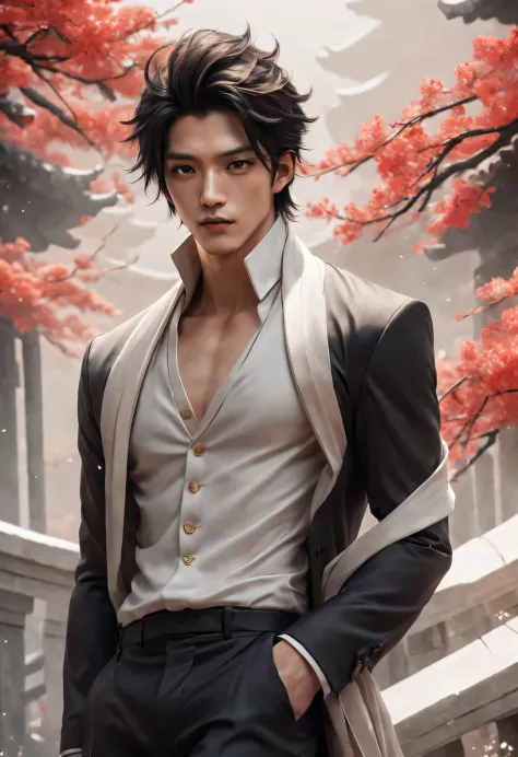 （male character design），（Half-length close-up），（Close-up of front view of melancholy handsome Chinese man Pan An），（Pan An wears ...