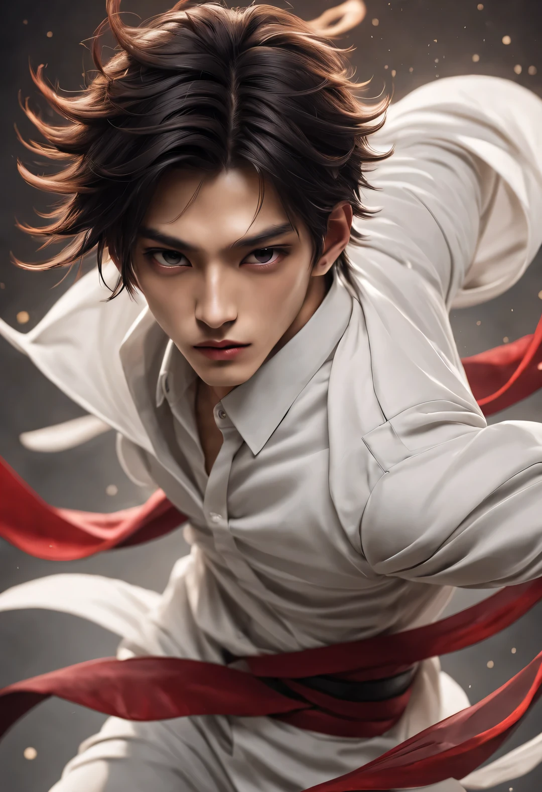 （male character design），（Half-length close-up），（Close-up of front view of melancholy handsome Chinese man Pan An），（Pan An wears modern and fashionable men&#39;s clothing&#39;S suit pants），（Pan An’s skin is fair and flawless），The bridge of his nose is high and straight，（Very long, long, long, Messy shawl hair：1.1），（Double eyelids, bright eyes, clear and bright big eyes），sad prince，Delicious food with red lips and white teeth，gentle melancholy，Pan An is tall and tall.，He has a strong physique，Toned muscles，Fresh and toned abs, His exquisite facial features，Kingly style，Noble temperament，Inspired by Chinese actor Hu Ge，black and white，Chinese ink painting，black and white插画，Surrealism，HD，