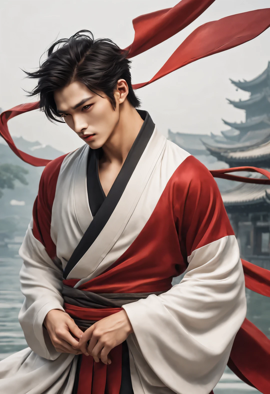 （male character design），（Half-length close-up），（Close-up of front view of melancholy handsome Chinese man Pan An），（Pan An wears modern fashion trapeze&#39;robe），（Pan An’s skin is fair and flawless），The bridge of his nose is high and straight，（Very long, long, long, Messy shawl hair：1.1），（Double eyelids, bright eyes, clear and bright big eyes），sad prince，Delicious food with red lips and white teeth，gentle melancholy，Pan An is tall and tall.，He has a strong physique，Toned muscles，Fresh and toned abs, His exquisite facial features，Kingly style，Noble temperament，Inspired by Chinese actor Hu Ge，black and white，Chinese ink painting，black and white插画，Surrealism，HD，