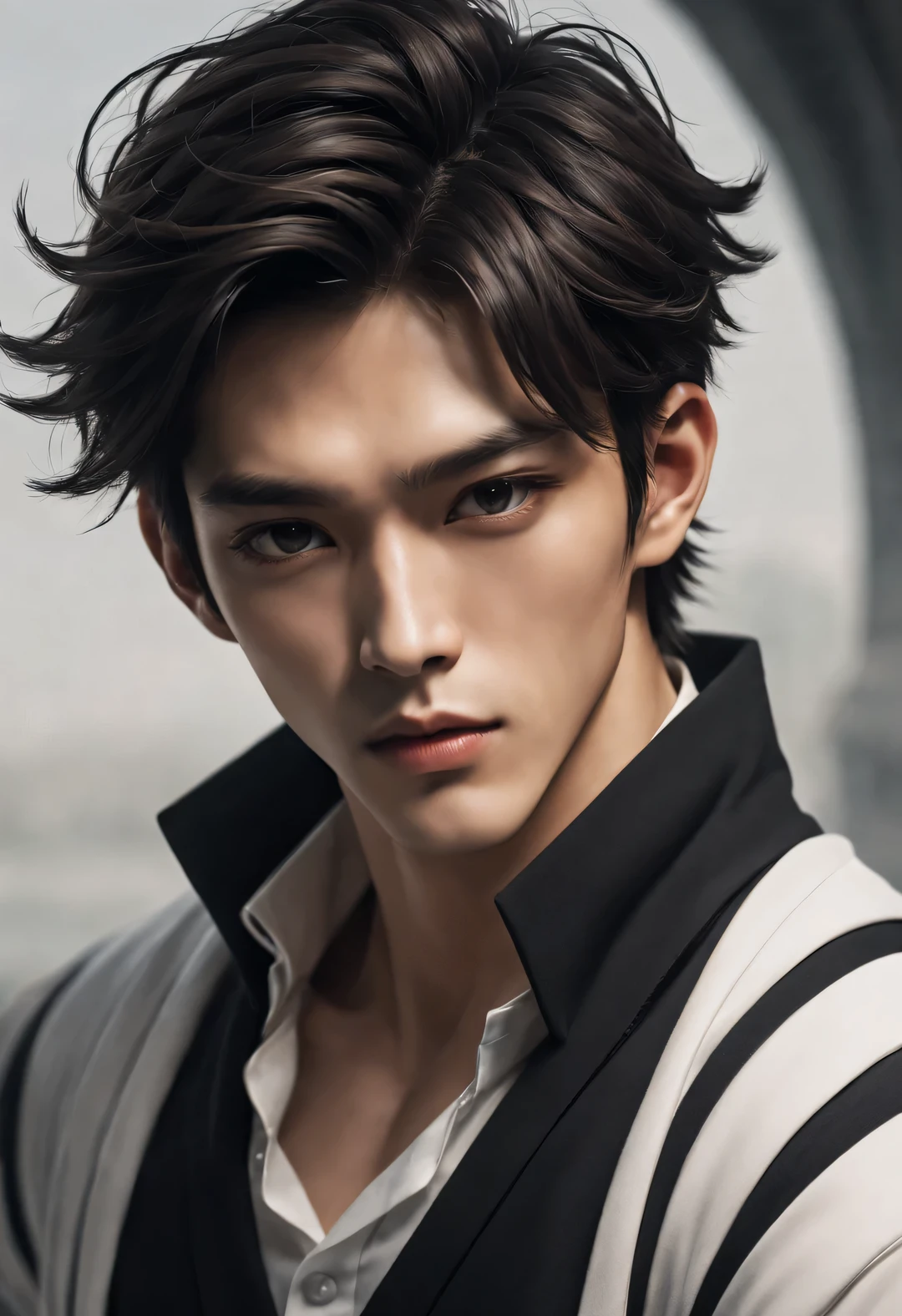 （male character design），（Half-length close-up），（Close-up of front view of melancholy handsome Chinese man Pan An），（Pan An is modern and fashionable in a black sweater），（Pan An’s skin is fair and flawless），The bridge of his nose is high and straight，（Very long, long, long, Messy shawl hair：1.1），（Double eyelids, bright eyes, clear and bright big eyes），sad prince，Delicious food with red lips and white teeth，gentle melancholy，Pan An is tall and tall.，He has a strong physique，Toned muscles，Fresh and toned abs, His exquisite facial features，Kingly style，Noble temperament，Inspired by Chinese actor Hu Ge，black and white，Chinese ink painting，black and white插画，Surrealism，HD，