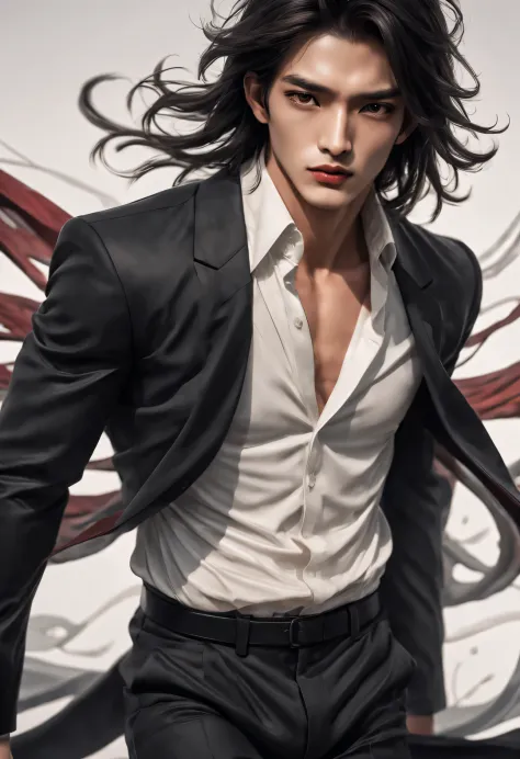 （male character design），（Half-length close-up），（Close-up of front view of melancholy handsome Chinese man Pan An），（Very long, long, long, Messy shawl hair：1.1）（Pan An wears modern and fashionable men&#39;s clothing&#39;S suit pants），（Pan An’s skin is fair ...