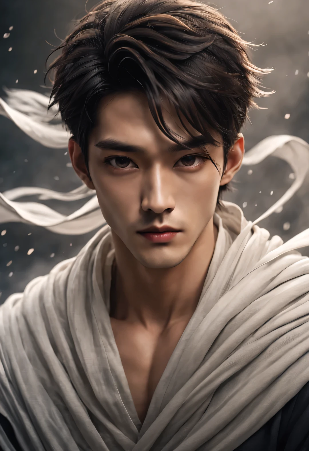 （male character design），（Close-up of bust photo），（Close-up of front view of melancholy handsome Chinese man Pan An），（Very long, long, long, Messy shawl hair：1.1）（Pan An wears modern fashion jeans），（Toned muscles），（Fresh and toned abs）（Pan An’s skin is fair and flawless），The bridge of his nose is high and straight，Double eyelids, bright eyes, clear and bright big eyes），sad prince，Delicious food with red lips and white teeth，gentle melancholy，high and high.，He has a strong physique，Exquisite facial features，Kingly style，Noble temperament，Inspired by Gregory Peck and Chinese actor Hu Gehe，black and white，Chinese ink painting，black and white illustrations，Surrealism，HD，