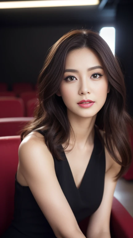 ((Rin)),((highest quality, 8K, masterpiece : 1.3)), sharp focus : 1.2, beautiful woman with perfect figure : 1.4, slim abs : 1.2, ((dark brown hair)), (Natural light : 1.1), Highly detailed face and skin texture, fine eyes, double eyelid、((professional makeup:1.3))、((sexy milf:1.3))、thick lips、lip gloss、eye make up、((long hair)),((black dress)),Inside the cinema、Seats、look for、