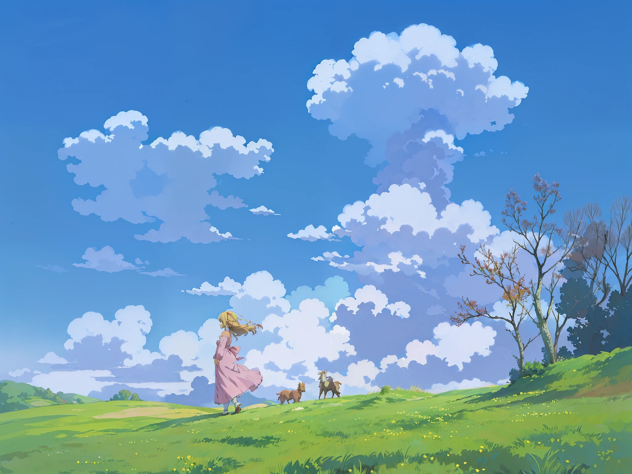 peinture d&#39;une femme vêtue d&#39;une robe rose debout sur une colline, ciel des studios Ghibli, high quality animé movie still, Belle fille à l’horizon, animé countryside landscape, Regarder à l’horizon, animé beautiful peace scene, studio ghibli lumière du soleil, animé movie background, de beaux nuages gonflés. animé, beautiful animé scenery, today's featured animé still, beautiful animé scene