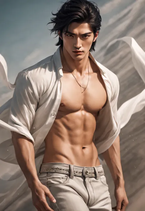 （male character design），（Close-up of bust photo），（Close-up of front view of melancholy handsome Chinese man Pan An），（Very long, long, long, Messy shawl hair：1.1）（Pan An wears modern fashion jeans），（Toned muscles），（Fresh and toned abs）（Pan An’s skin is fair...