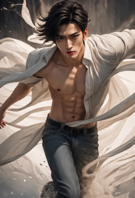 （male character design），（Close-up of bust photo），（Close-up of front view of melancholy handsome Chinese man Pan An），（Very long, long, long, Messy shawl hair：1.1）（Pan An wears modern fashion jeans），（Toned muscles），（Fresh and toned abs）（Pan An’s skin is fair...