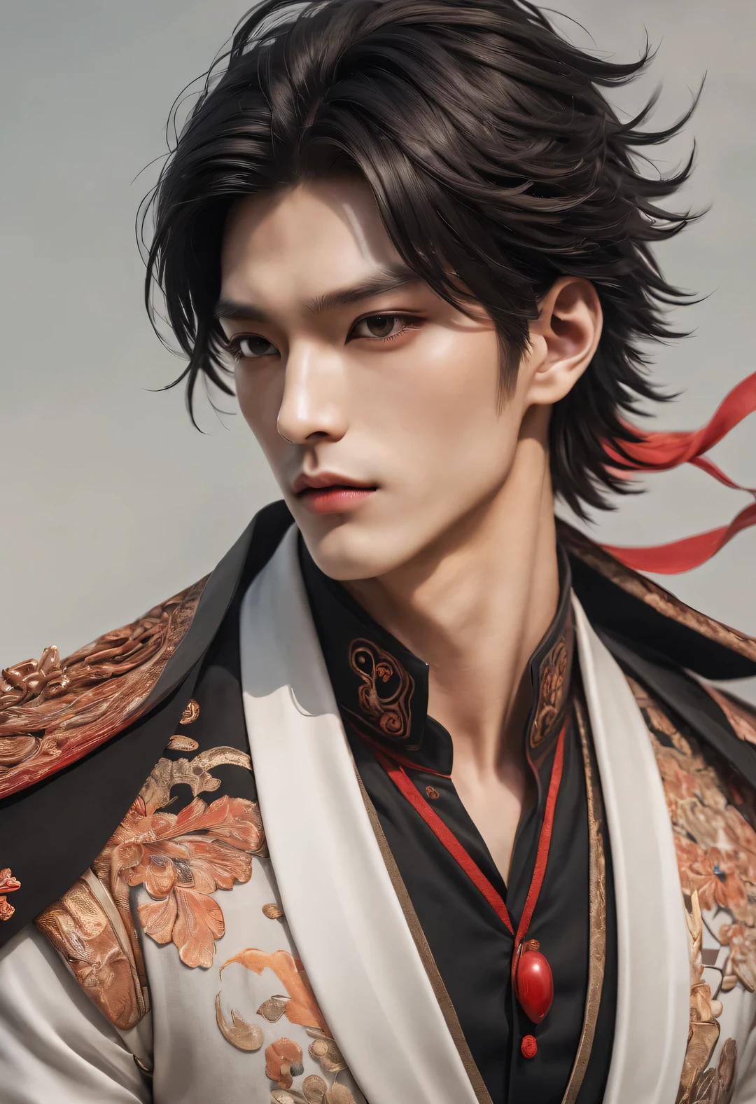 （male character design），（Half-length close-up），（Close-up of front view of melancholy handsome Chinese man Pan An），（Pan An wears modern and fashionable men&#39;s clothing&#39;S suit pants），（Pan An’s skin is fair and flawless），The bridge of his nose is high and straight，（Very long, long, long, Messy shawl hair：1.1），（Double eyelids, bright eyes, clear and bright big eyes），sad prince，Delicious food with red lips and white teeth，gentle melancholy，Pan An is tall and tall.，He has a strong physique，Toned muscles，Fresh and toned abs, His exquisite facial features，Kingly style，Noble temperament，Inspired by Chinese actor Hu Ge，black and white，Chinese ink painting，black and white illustrations，Surrealism，HD，