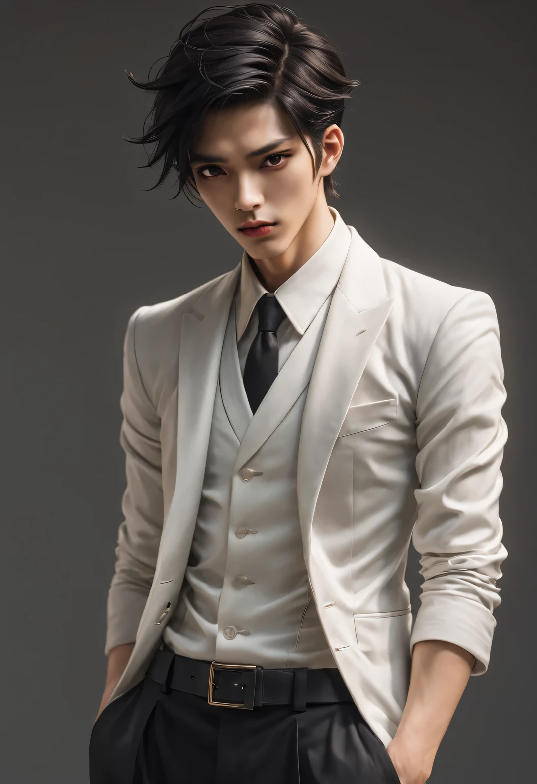 （male character design），（Half-length close-up），（Close-up of front view of melancholy handsome Chinese man Pan An），（Pan An wears modern and fashionable men&#39;s clothing&#39;S suit pants），（Pan An’s skin is fair and flawless），The bridge of his nose is high and straight，（Very long, long, long, Messy shawl hair：1.1），（Double eyelids, bright eyes, clear and bright big eyes），sad prince，Delicious food with red lips and white teeth，gentle melancholy，Pan An is tall and tall.，He has a strong physique，Toned muscles，Fresh and toned abs, His exquisite facial features，Kingly style，Noble temperament，Inspired by Chinese actor Hu Ge，black and white，Chinese ink painting，black and white illustrations，Surrealism，HD，