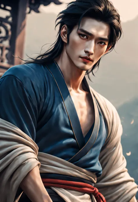 （male character design），（close-up of bust photo），（close-up of front view of melancholy handsome chinese man pan an），（very long, ...