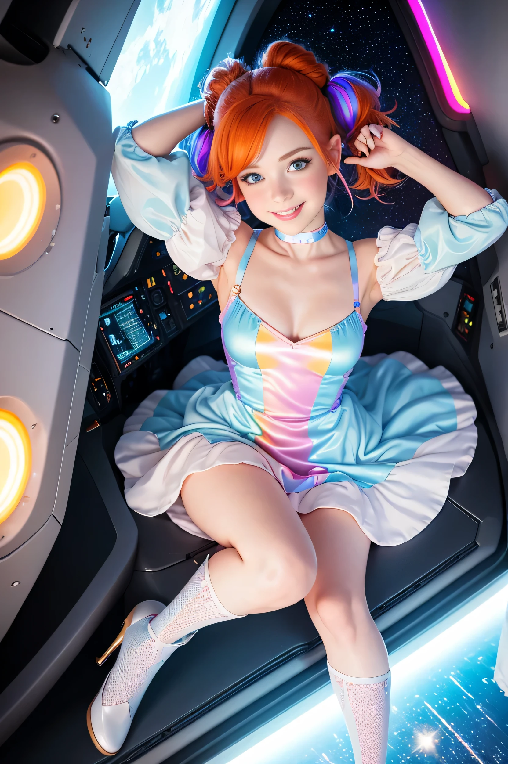 (overhead view) Cute redhead with rainbow colored hair tips, ribbons in her hair, 18-year-old woman, happy, smiling, in twin tails, perfect eyes, clear sparkling blue eyes, pale skin, silky smooth skin, flying a fancy metal luxurious space ship, futuristic cockpit, she's a pilot, outer space, stars in background, dark warm lighting, wearing a futuristic party dress, pleated (chemise) mini dress (pastel rainbow colors, and polka dots), puffy sleeves, silk, wearing full body pantyhose, cute short cut booties, boots.