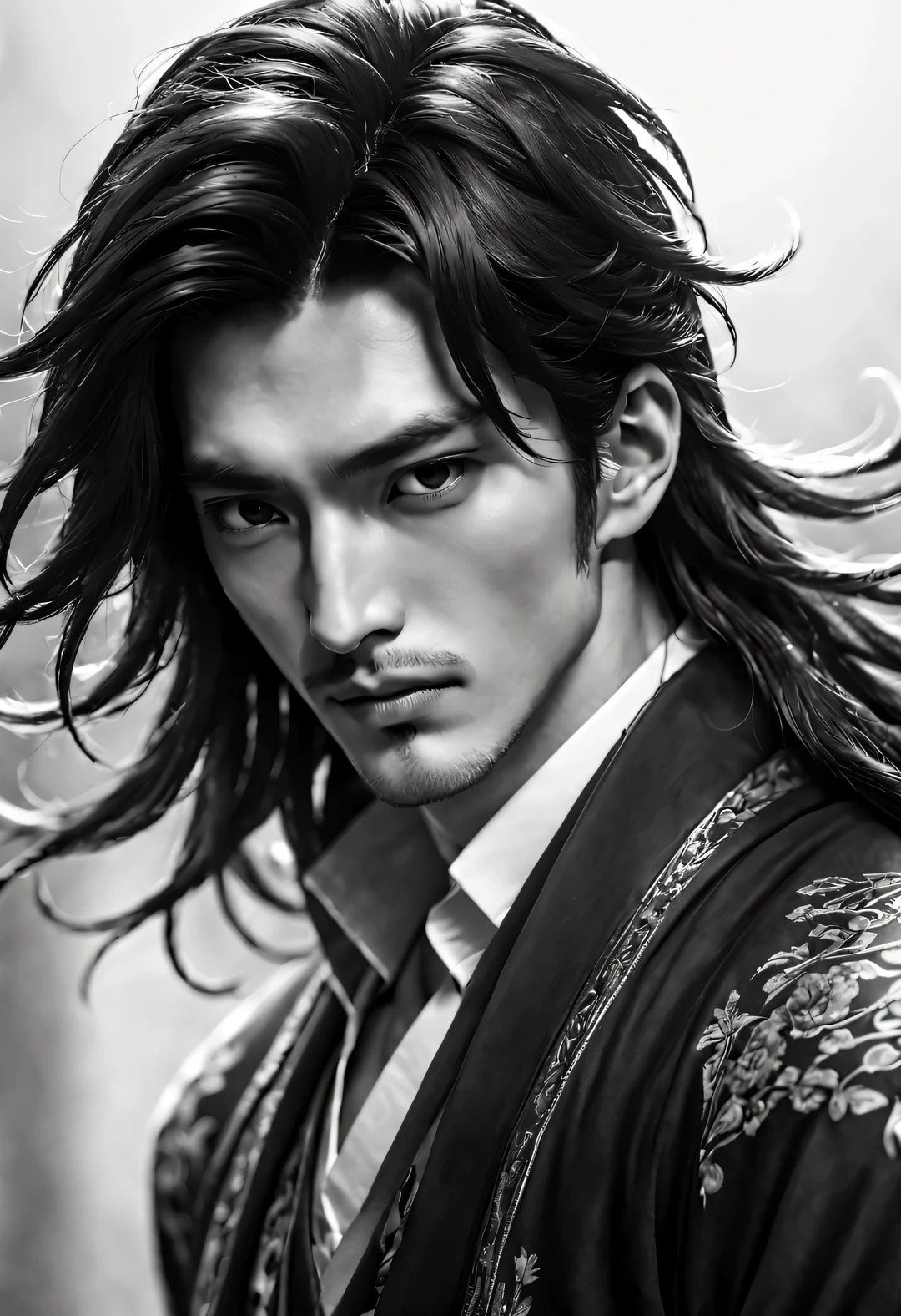 （male character design），（Half body photo black and white、close up），（Close up of the melancholy Chinese handsome guy Pan An），（very long, Messy shawl hair：1.1）（Pan An wears blue jeans, modern and fashionable：0.8），（Toned muscles），（Fresh and toned abs），（Pan An’s skin is fair and flawless）Delicious food with red lips and white teeth，The bridge of his nose is high and straight，double eyelids, bright eyes, Clear, bright, big eyes），long eyelashes，gentle melancholy，He has a tall stature、Fit in size，Exquisite facial features，sad prince，Kingly style，Noble temperament，Inspired by Gregory Peck and Chinese actor Hu Ge，black and white，Chinese ink painting，black and white illustrations，Surrealism，HD，