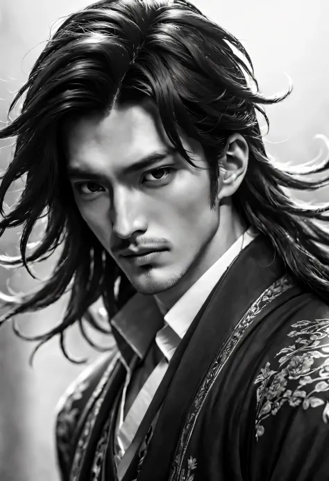 （male character design），（Half body photo black and white、close up），（忧郁的中国帅哥潘安正面close up），（very long, Messy shawl hair：1.1）（Pan A...