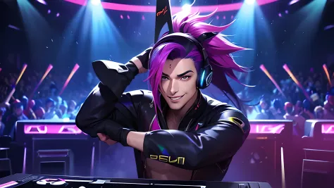 Yasuo, league of legends、super-fine、A hyper-realistic, DJ suit with black top and headphones、dj set、headphones dj rave, headphon...