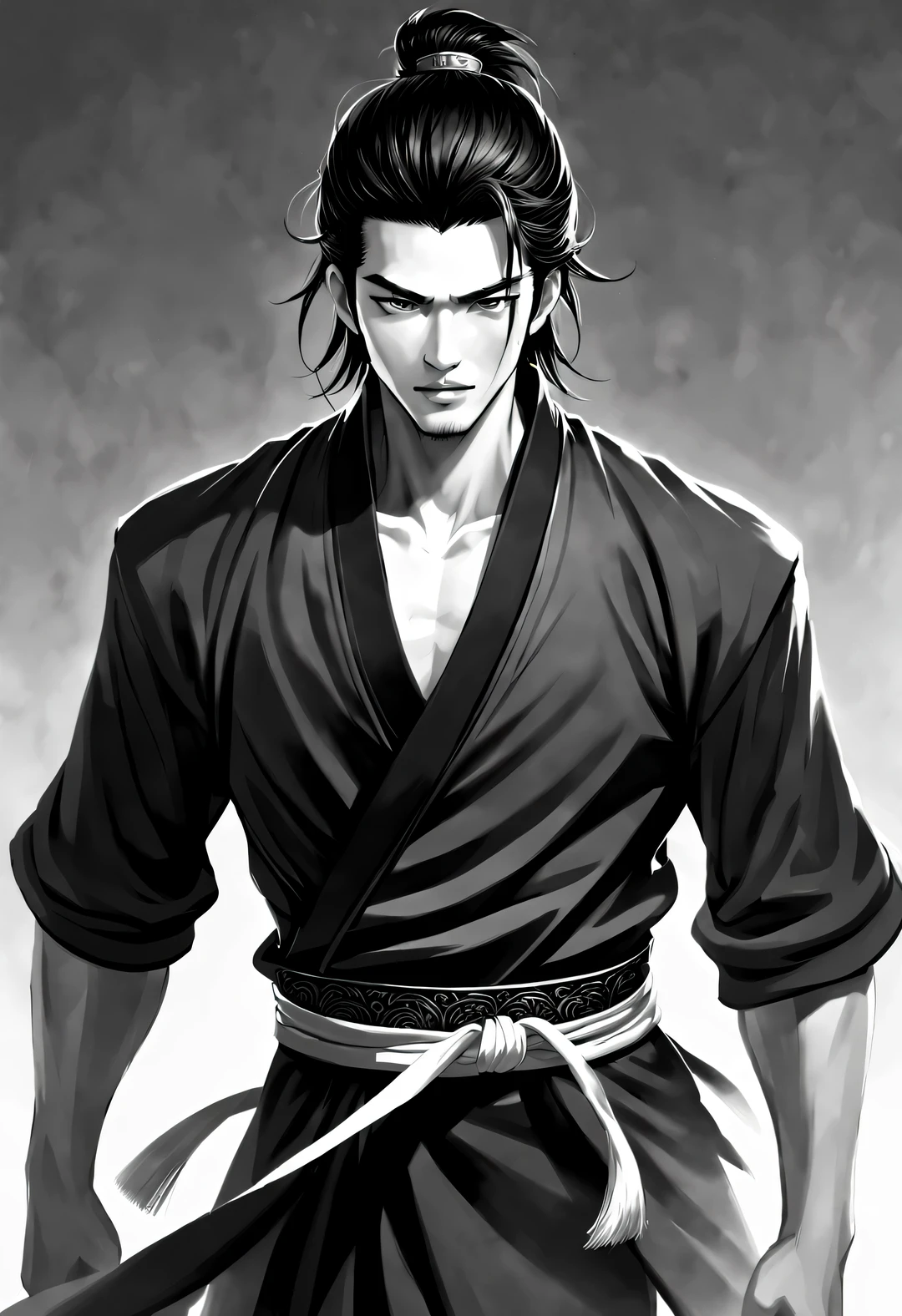 （male character design），Half body photo，（）Close-up of front view of handsome Chinese man Pan An in black and white），（very long, Messy shawl hair：1.1）Pan An wears a modern blue sweater，Toned muscles），Fresh and toned abs），（Pan An’s skin is fair and flawless），Delicious food with red lips and white teeth，The bridge of his nose is high and straight，double eyelids, bright eyes, Clear, bright, big eyes，long eyelashes，gentle melancholy，He has a tall stature、Fit in size，Exquisite facial features，sad prince，Kingly style，Noble temperament，Inspired by Chinese actor Hu Ge，black and white，Chinese ink painting，black and white插画，Surrealism，HD，